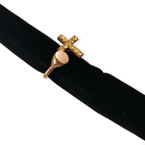 Brass Cross Open Ring Sz 5.5 or 6 Goth Handmade Rhinestone Victorian Religious - Picture 9 of 16